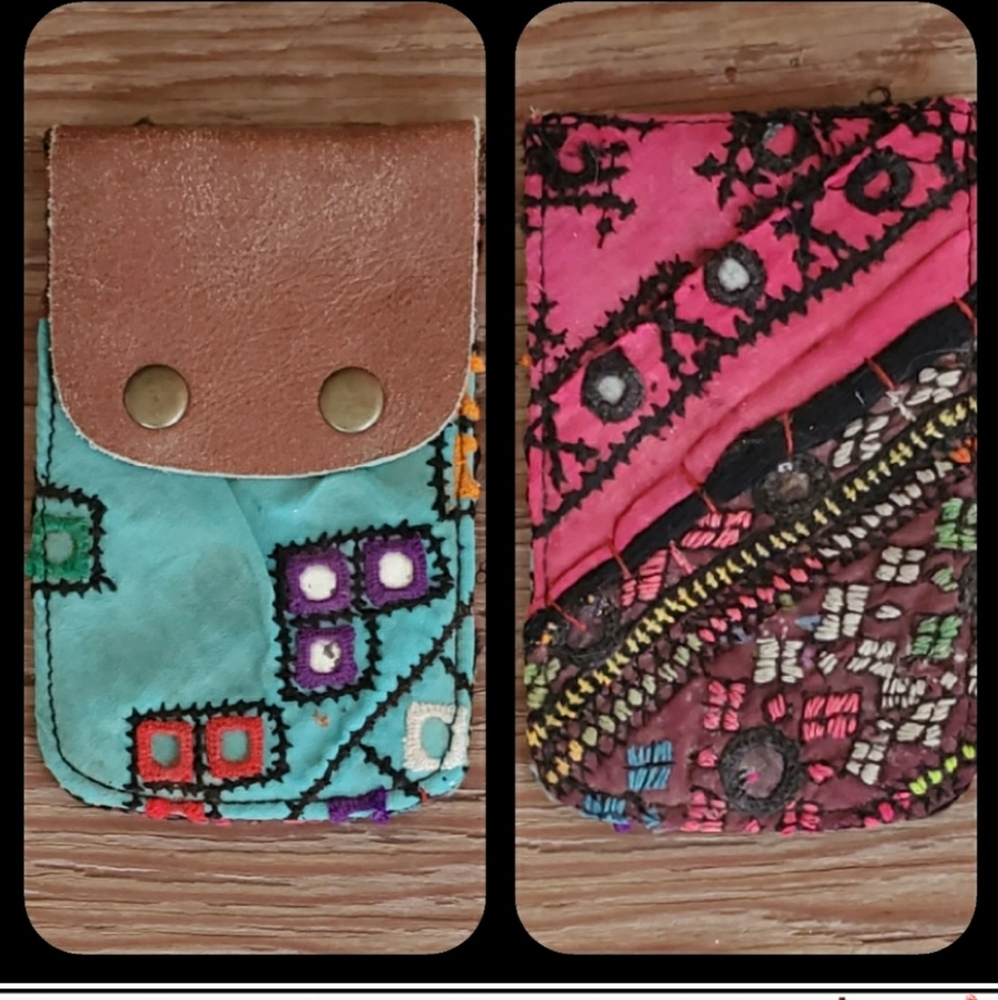 🍳🧠 Free People Boho Embroidered Repurposed vtg banjara hippie Wallet card case